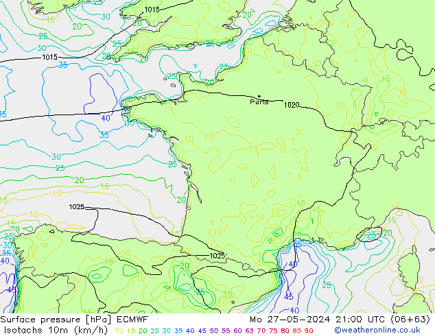 Isotachs (kph) ECMWF Mo 27.05.2024 21 UTC