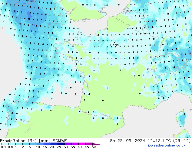 Precipitation (6h) ECMWF Sa 25.05.2024 18 UTC