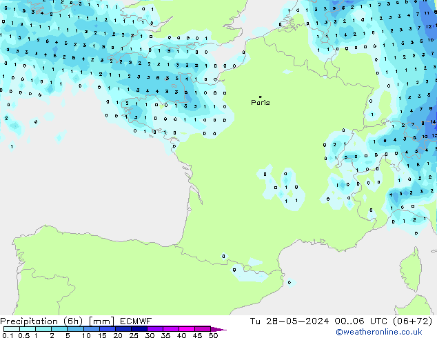 Totale neerslag (6h) ECMWF di 28.05.2024 06 UTC
