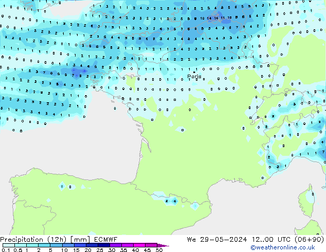 Precipitation (12h) ECMWF We 29.05.2024 00 UTC