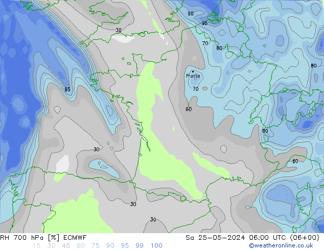 RH 700 hPa ECMWF Sa 25.05.2024 06 UTC