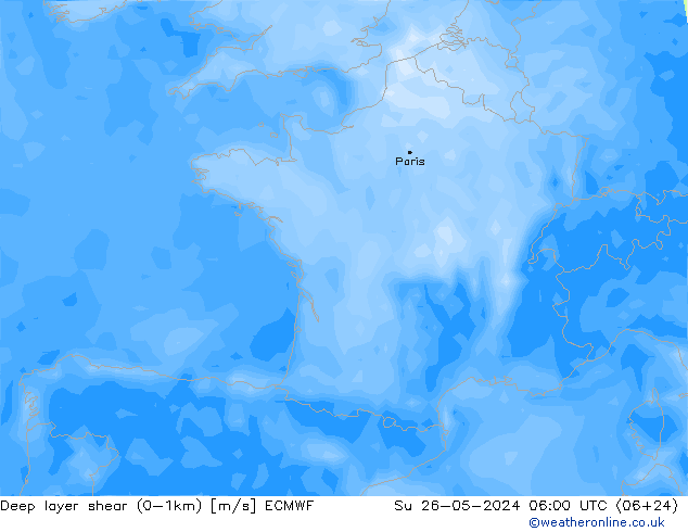 Deep layer shear (0-1km) ECMWF Su 26.05.2024 06 UTC