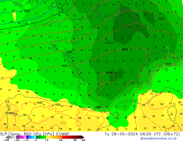 SLP/Temp. 850 hPa ECMWF Út 28.05.2024 06 UTC