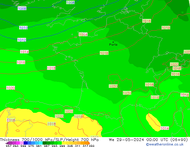 Thck 700-1000 hPa ECMWF We 29.05.2024 00 UTC