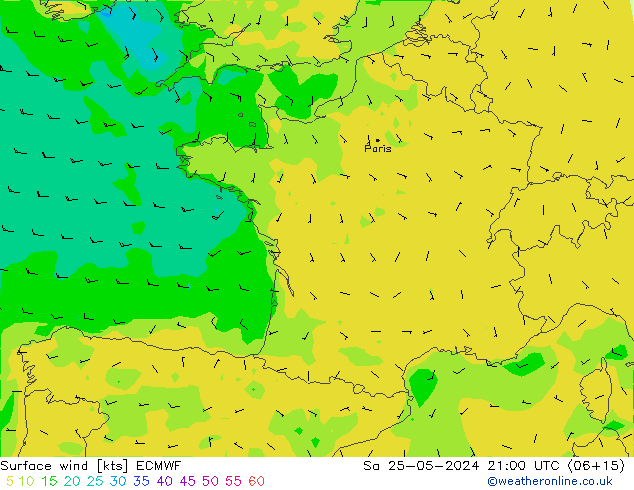 Surface wind ECMWF Sa 25.05.2024 21 UTC