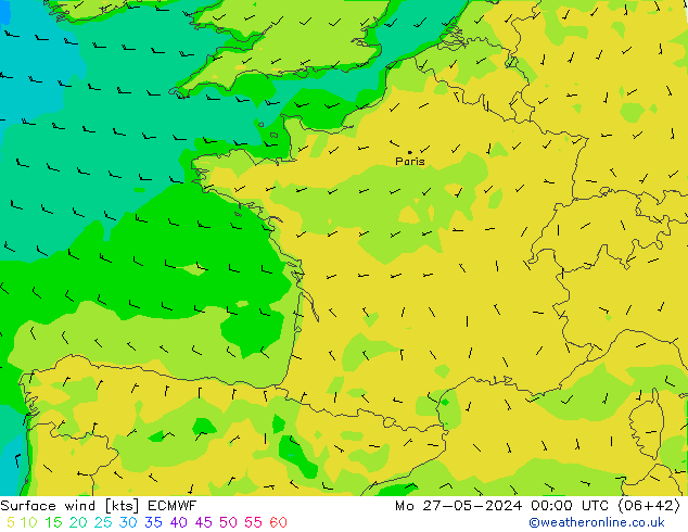 Surface wind ECMWF Mo 27.05.2024 00 UTC