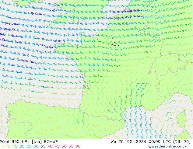 Wind 850 hPa ECMWF wo 29.05.2024 00 UTC