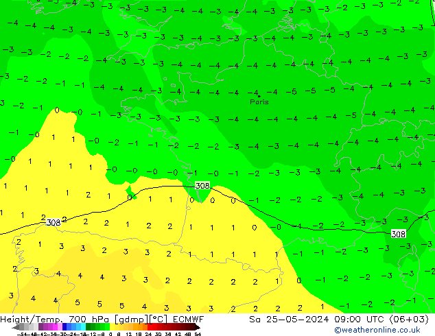 Géop./Temp. 700 hPa ECMWF sam 25.05.2024 09 UTC