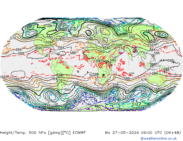 Z500/Rain (+SLP)/Z850 ECMWF pon. 27.05.2024 06 UTC