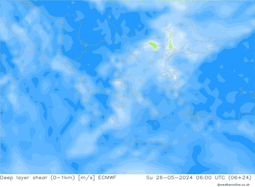 Deep layer shear (0-1km) ECMWF zo 26.05.2024 06 UTC