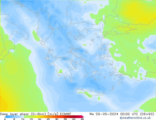 Deep layer shear (0-6km) ECMWF mié 29.05.2024 00 UTC