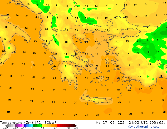 Temperatura (2m) ECMWF lun 27.05.2024 21 UTC