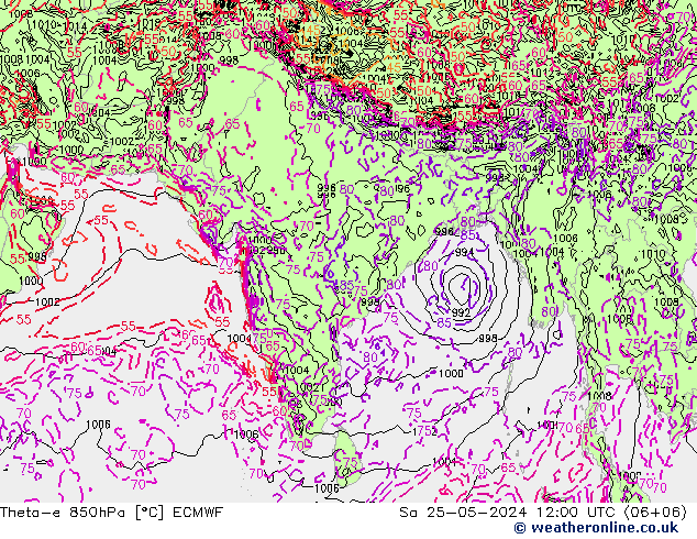 Theta-e 850hPa ECMWF Sa 25.05.2024 12 UTC