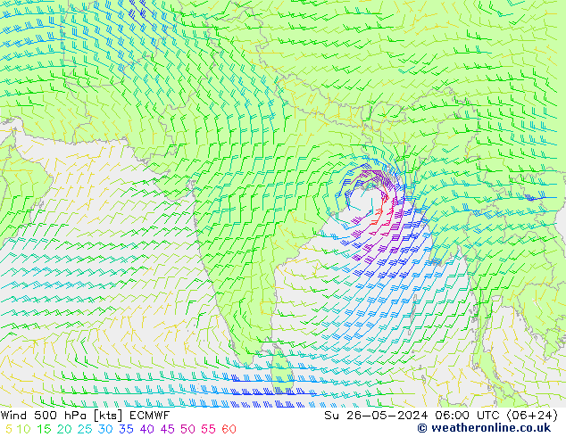 Wind 500 hPa ECMWF Su 26.05.2024 06 UTC