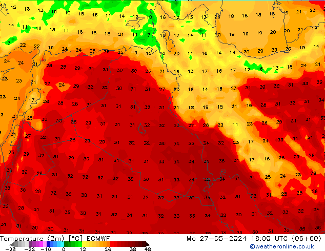 Temperatura (2m) ECMWF Seg 27.05.2024 18 UTC