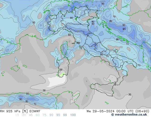 RH 925 hPa ECMWF śro. 29.05.2024 00 UTC