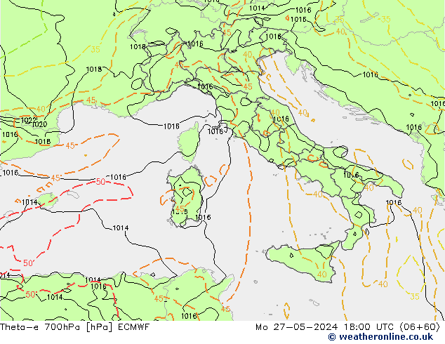 Theta-e 700hPa ECMWF Pzt 27.05.2024 18 UTC
