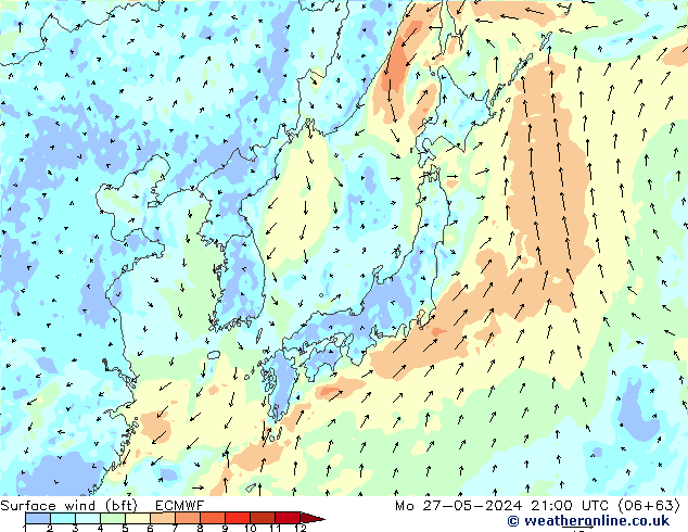 Surface wind (bft) ECMWF Po 27.05.2024 21 UTC