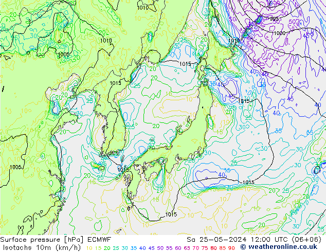 Isotachs (kph) ECMWF Sa 25.05.2024 12 UTC