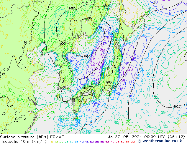 Isotachs (kph) ECMWF Seg 27.05.2024 00 UTC