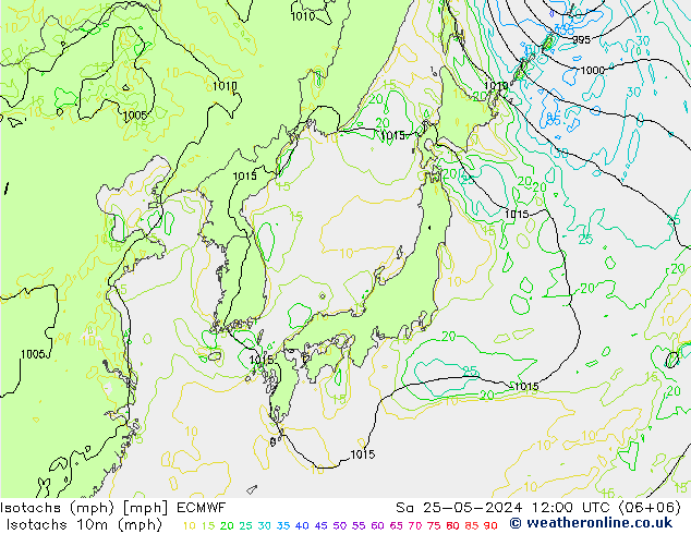 Isotachs (mph) ECMWF  25.05.2024 12 UTC