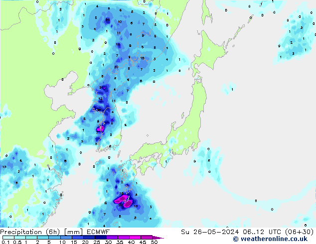 Precipitation (6h) ECMWF Su 26.05.2024 12 UTC