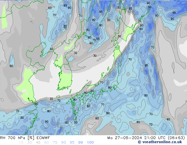 RH 700 hPa ECMWF Po 27.05.2024 21 UTC