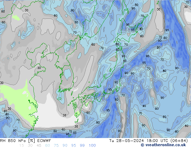 RH 850 hPa ECMWF wto. 28.05.2024 18 UTC