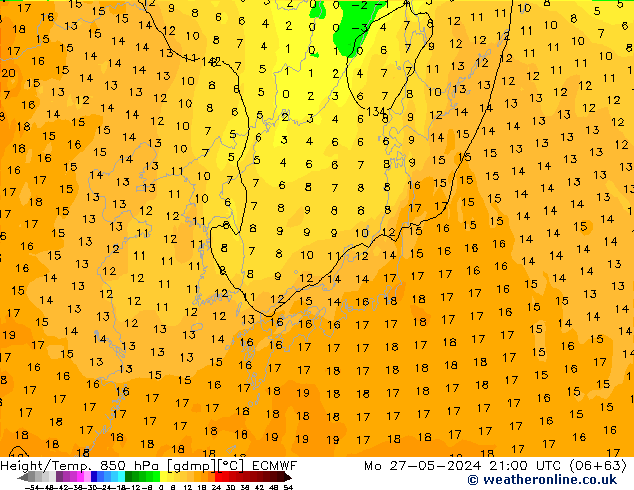 Height/Temp. 850 hPa ECMWF Po 27.05.2024 21 UTC