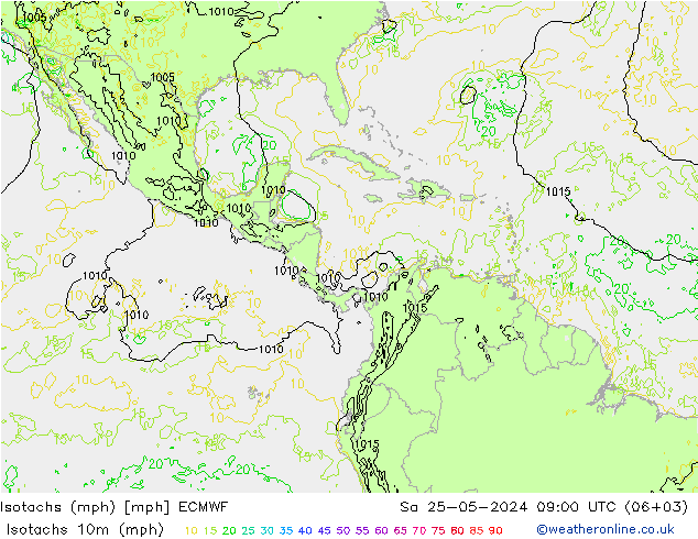 Isotachs (mph) ECMWF sam 25.05.2024 09 UTC