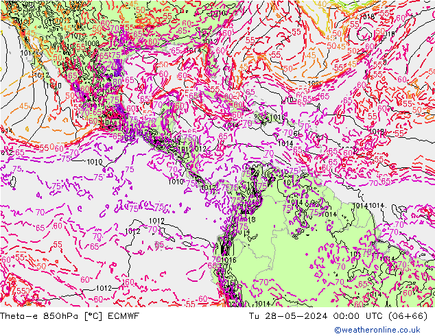 Theta-e 850hPa ECMWF Tu 28.05.2024 00 UTC