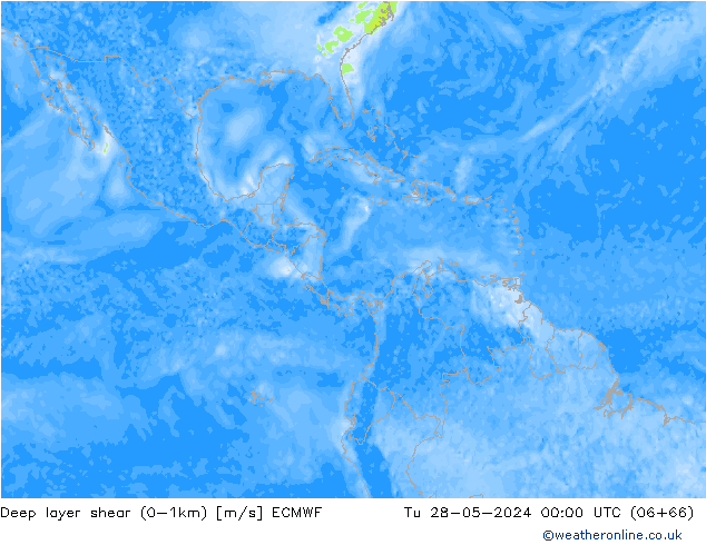 Deep layer shear (0-1km) ECMWF Tu 28.05.2024 00 UTC