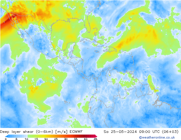 Deep layer shear (0-6km) ECMWF Sáb 25.05.2024 09 UTC