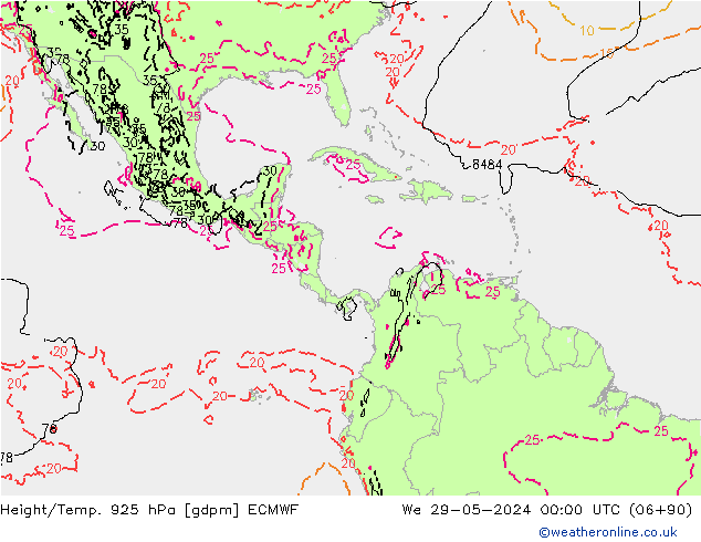 Height/Temp. 925 hPa ECMWF mer 29.05.2024 00 UTC