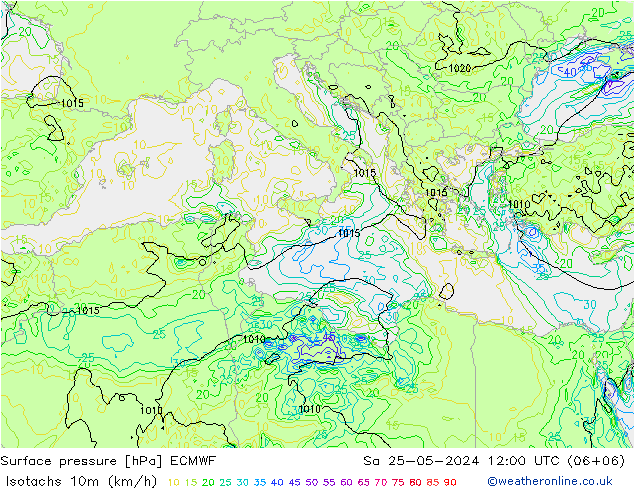 Isotachs (kph) ECMWF sam 25.05.2024 12 UTC