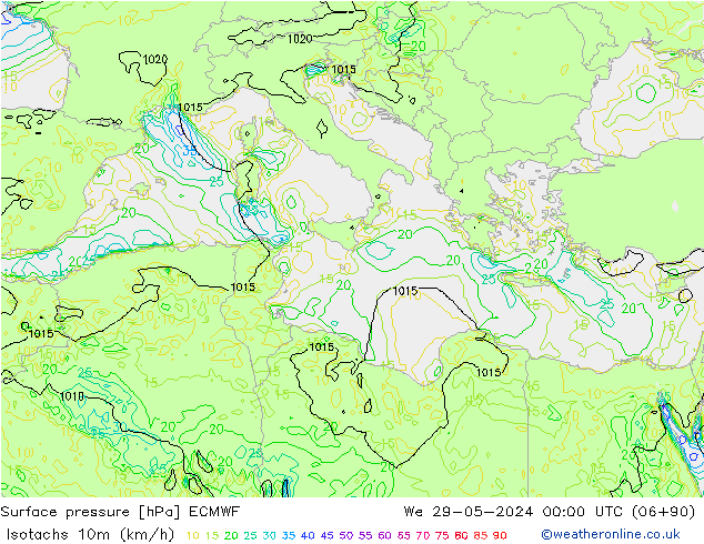 Isotachs (kph) ECMWF  29.05.2024 00 UTC
