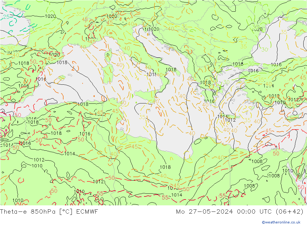 Theta-e 850hPa ECMWF pon. 27.05.2024 00 UTC