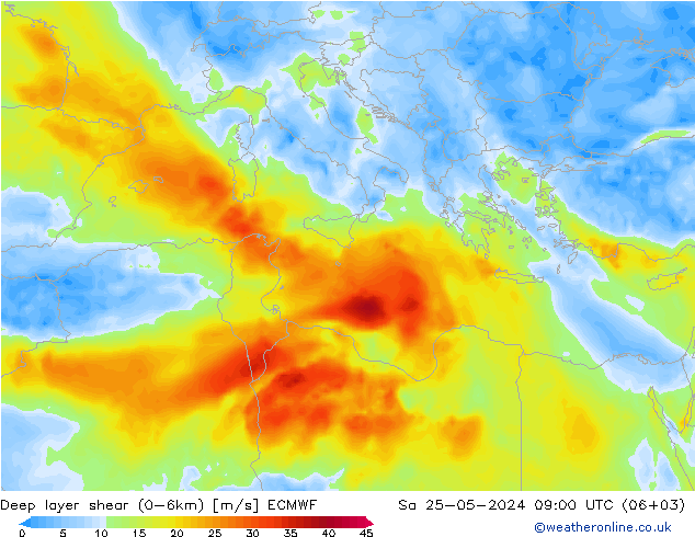 Deep layer shear (0-6km) ECMWF sáb 25.05.2024 09 UTC