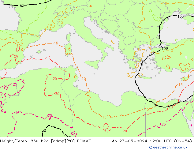 Geop./Temp. 850 hPa ECMWF lun 27.05.2024 12 UTC