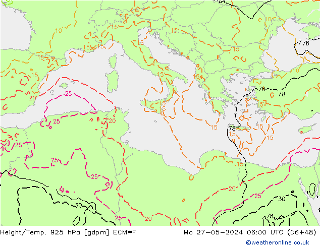 Geop./Temp. 925 hPa ECMWF lun 27.05.2024 06 UTC