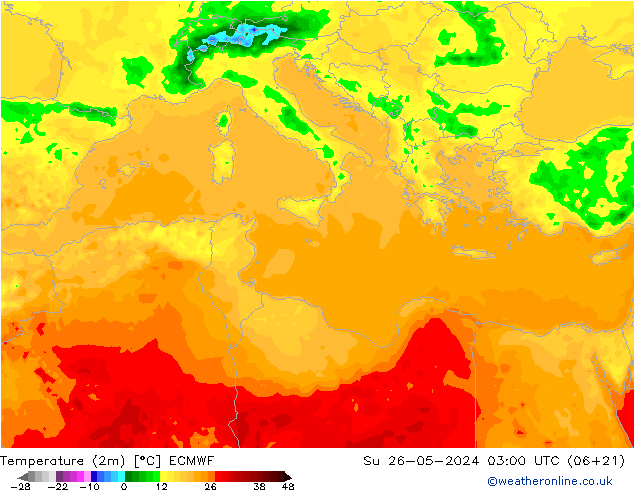 Temperature (2m) ECMWF Su 26.05.2024 03 UTC