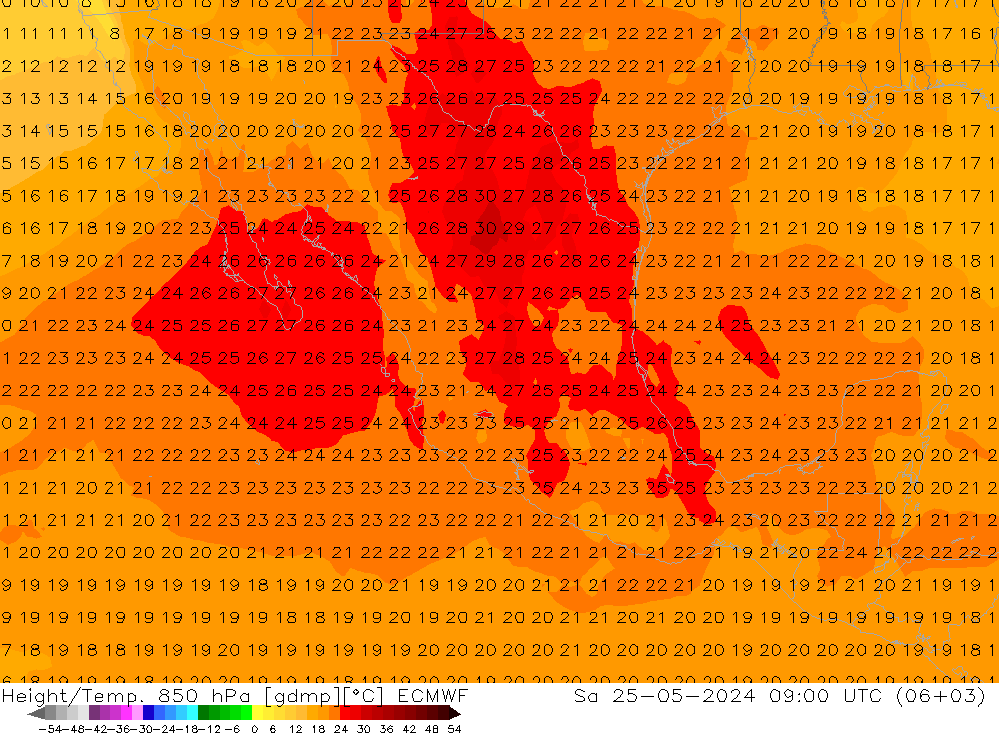 Geop./Temp. 850 hPa ECMWF sáb 25.05.2024 09 UTC