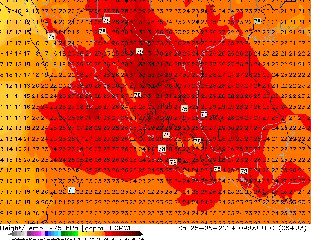 Geop./Temp. 925 hPa ECMWF sáb 25.05.2024 09 UTC