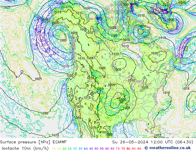 Isotachs (kph) ECMWF Ne 26.05.2024 12 UTC