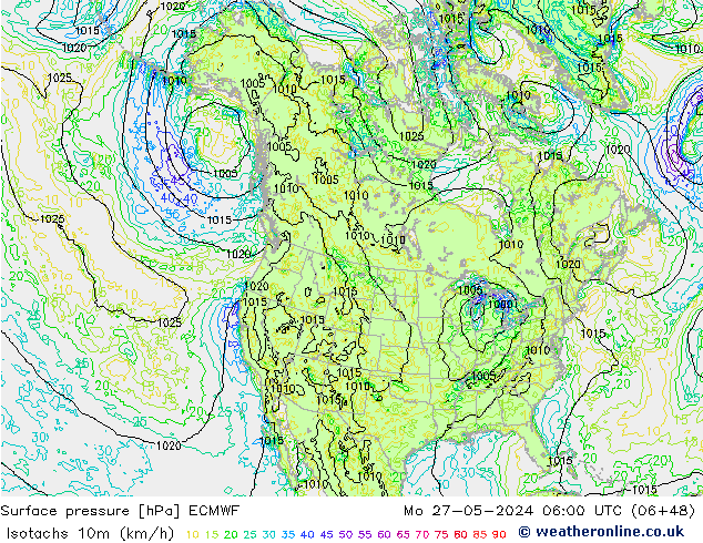 Isotachs (kph) ECMWF Mo 27.05.2024 06 UTC