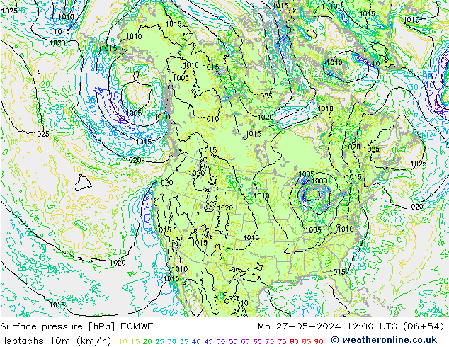 Isotachen (km/h) ECMWF Mo 27.05.2024 12 UTC