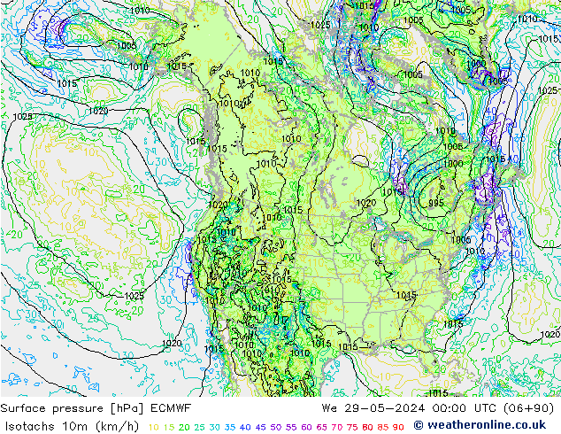 Isotachs (kph) ECMWF mer 29.05.2024 00 UTC