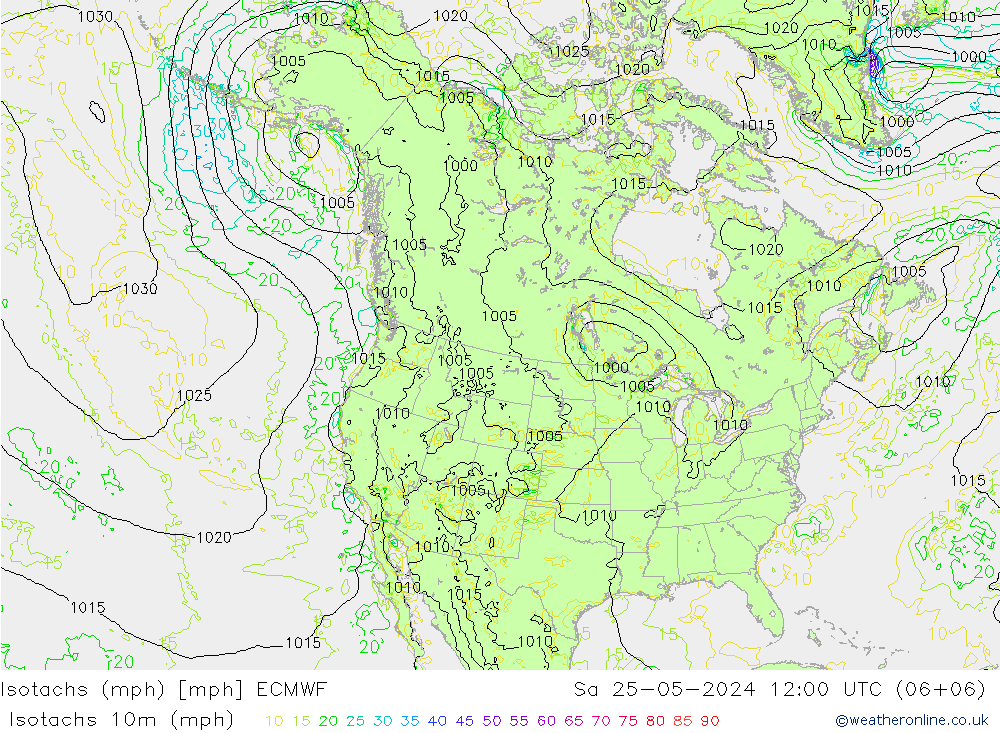 Isotachs (mph) ECMWF Sa 25.05.2024 12 UTC