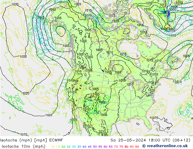 Isotachen (mph) ECMWF za 25.05.2024 18 UTC