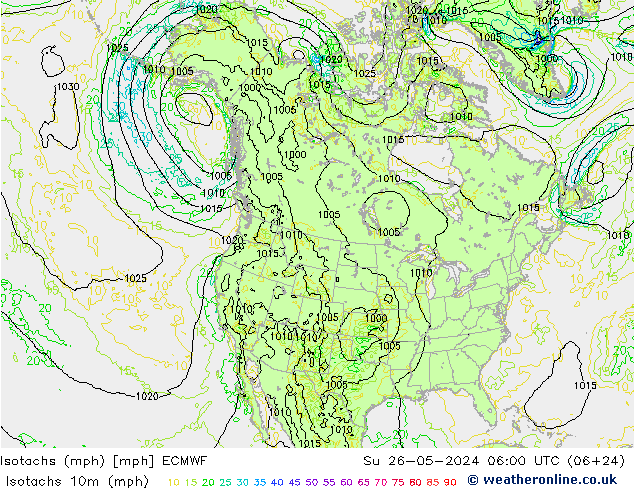 Isotachen (mph) ECMWF So 26.05.2024 06 UTC